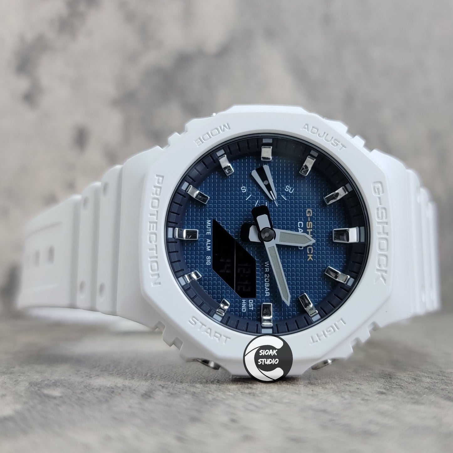 Casioak Mod Watch White Plastic Case Strap Silver Time Mark Blue Waffle Dial 44mm- Casioak Mod Casio G-Shock Royal Oak Custom Mens Luxury Watches Ga2100