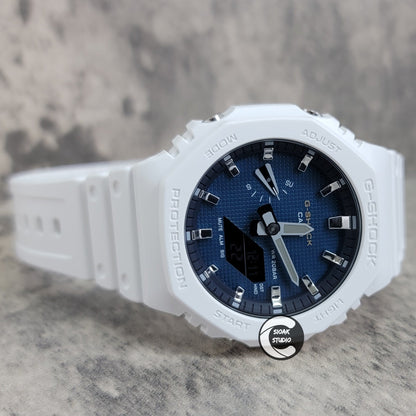 Casioak Mod Watch White Plastic Case Strap Silver Time Mark Blue Waffle Dial 44mm- Casioak Mod Casio G-Shock Royal Oak Custom Mens Luxury Watches Ga2100