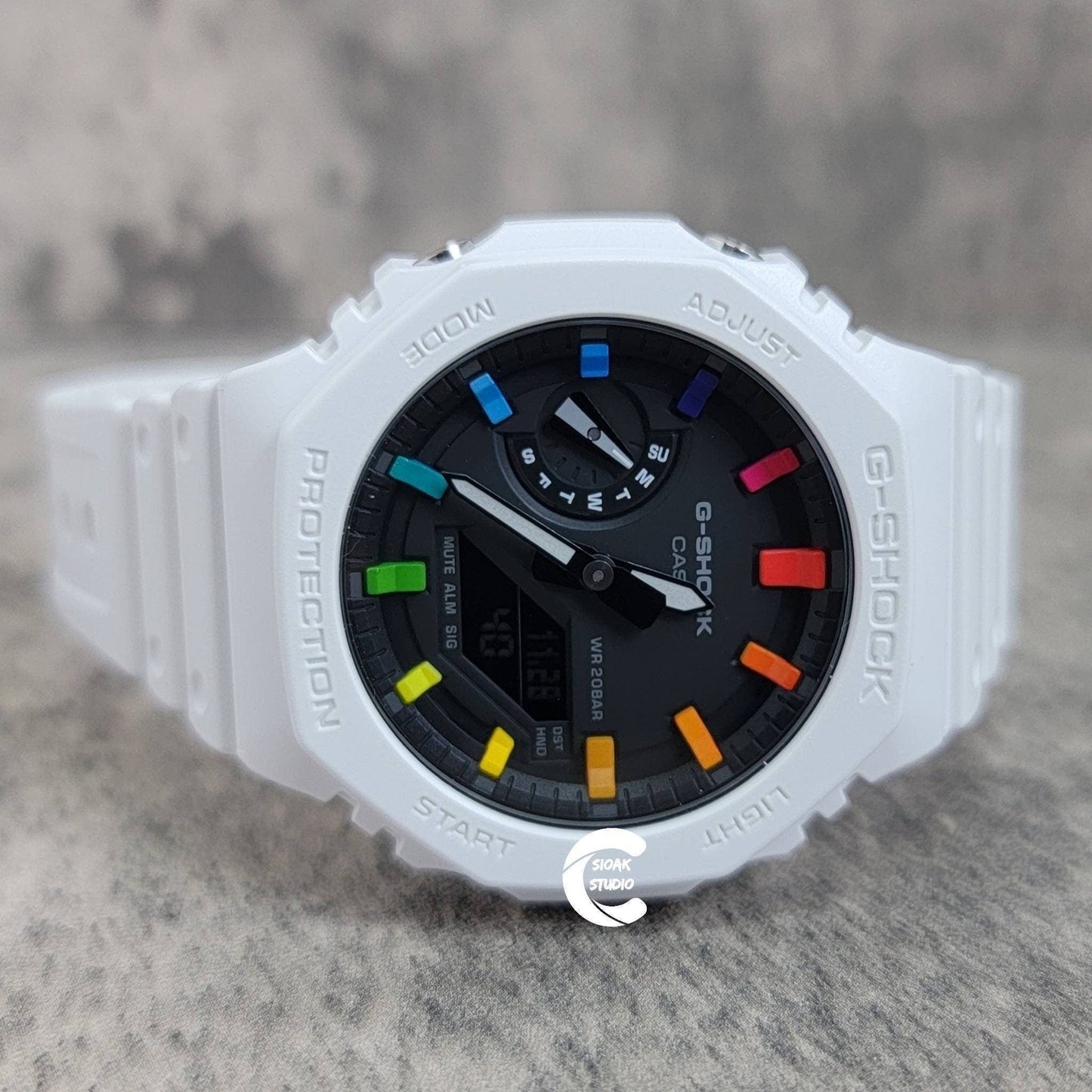 Casioak Mod Watch White Plastic Case White Strap Black Rainbow Time Mark Black Dial 44mm- Casioak Mod Casio G-Shock Royal Oak Custom Mens Luxury Watches Ga2100