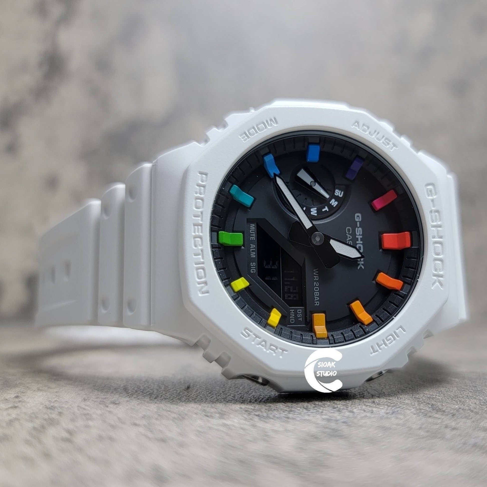 Casioak Mod Watch White Plastic Case White Strap Black Rainbow Time Mark Black Dial 44mm- Casioak Mod Casio G-Shock Royal Oak Custom Mens Luxury Watches Ga2100