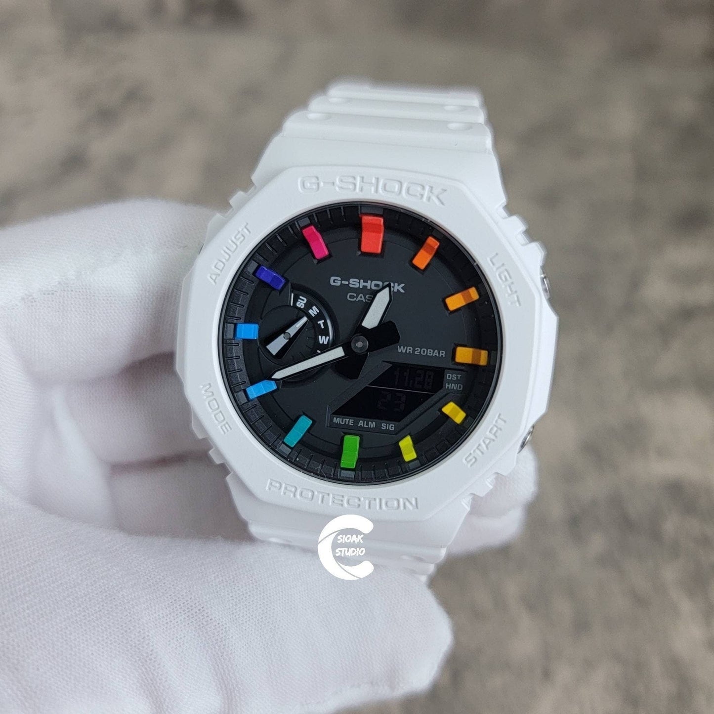 Casioak Mod Watch White Plastic Case White Strap Black Rainbow Time Mark Black Dial 44mm- Casioak Mod Casio G-Shock Royal Oak Custom Mens Luxury Watches Ga2100