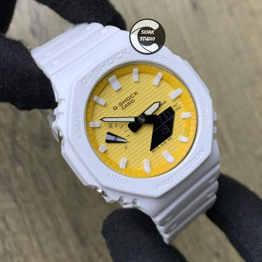 Casioak Mod Watch White Plastic Case White Strap Yellow White Time Mark Yellow Dial 44mm- Casioak Mod Casio G-Shock Royal Oak Custom Mens Luxury Watches Ga2100