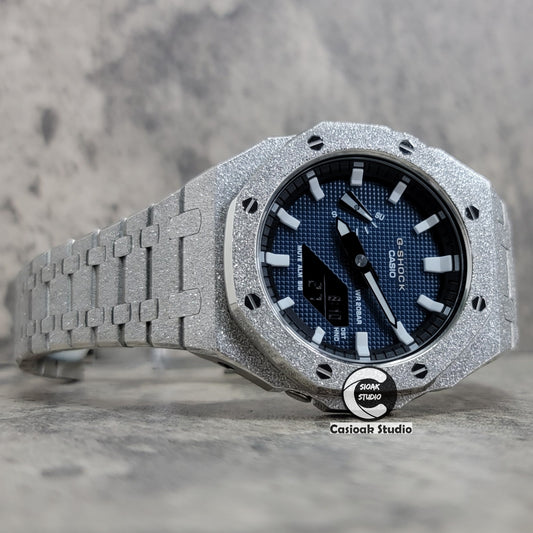 Casioak Mod Watch Frosted Silver Case Metal Strap Black White Time Mark Blue Waffle Dials 44mm