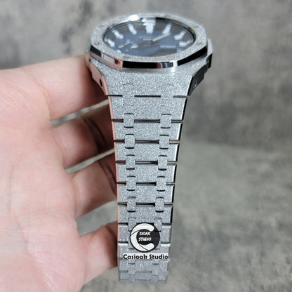 Casioak Mod Watch Frosted Silver Case Metal Strap Black White Time Mark Blue Waffle Dials 44mm