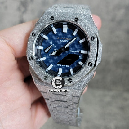 Casioak Mod Watch Frosted Silver Case Metal Strap Black White Time Mark Blue Waffle Dials 44mm